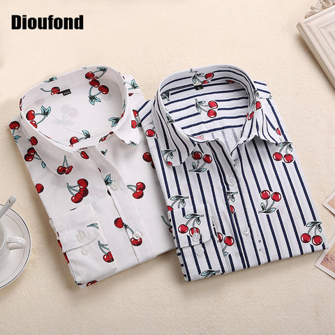 Dioufond New Floral Long Sleeve Vintage Blouse Cherry Turn Down Collar Shirt Blusas Feminino Ladies Blouses Womens  Tops Fashion