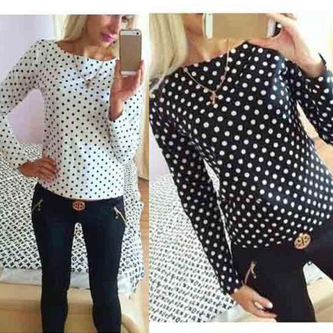 Women fashion 2017 new round collar camisa dot chiffon wave point long-sleeved shirt clothes Female Blouse