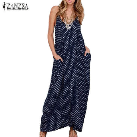 2017 New ZANZEA  Summer Dress Fashion Women Dress Strapless Polka Dot Loose Beach Long Maxi Dress Vintage Vestidos Plus Size