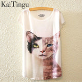 KaiTingu 2016 Brand New Fashion Summer Harajuku Animal Cat Print Shirt O-Neck Short Sleeve T Shirt Women Tops White T-shirt