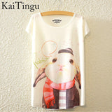 KaiTingu 2016 Brand New Fashion Summer Harajuku Animal Cat Print Shirt O-Neck Short Sleeve T Shirt Women Tops White T-shirt