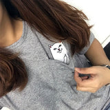 Summer T-shirt Women Casual Lady Top Tees Cotton Tshirt Female Brand Clothing T Shirt Printed Pocket Cat Top  Cute Tee