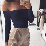 Autumn new 2017 off shoulder crop top t shirts hot sale long sleeve solid short t-shirts for women clothing fashion slim t-shirt