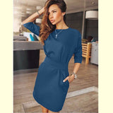 2016 Autumn Dress Women Fashion Casual Mini Dress Solid Color Short  Sleeve O-neck Women Dress Two Side Pocket Black Dresses