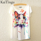 KaiTingu 2016 Brand New Fashion Summer Harajuku Animal Cat Print Shirt O-Neck Short Sleeve T Shirt Women Tops White T-shirt